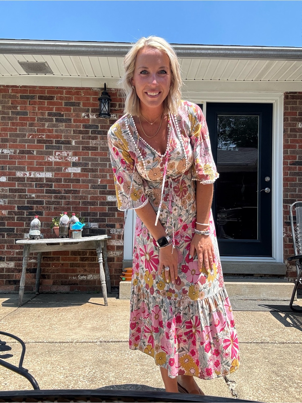 Floral Tie-Front Pink Multi Midi Dress